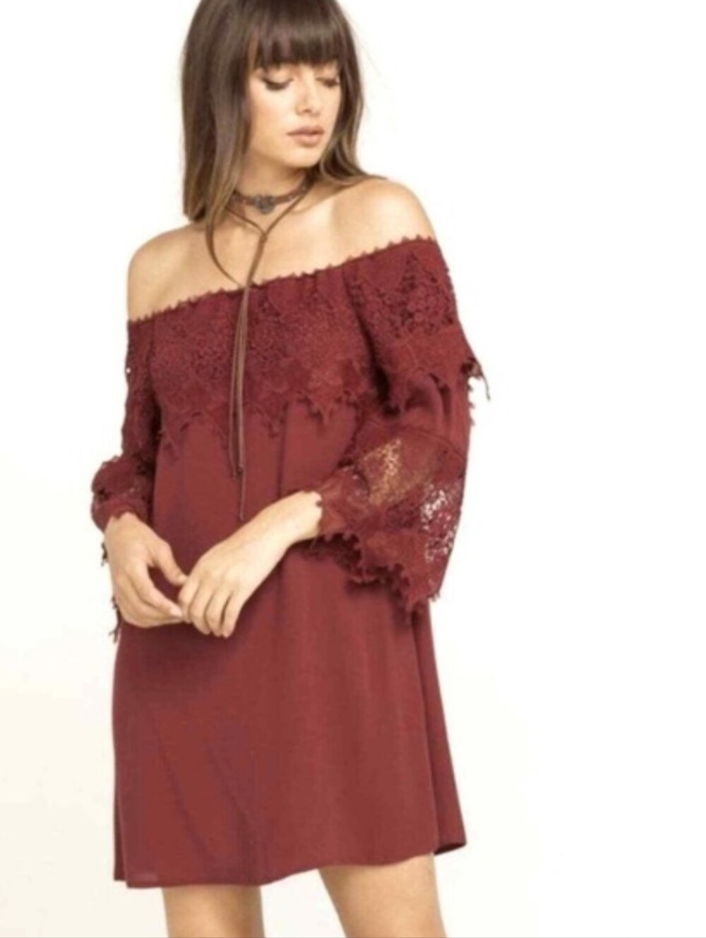 Shyanne Off The Shoulder Maroon Dress Lace Crochet Sleeves Viscose